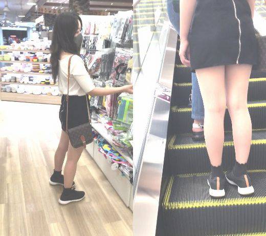 黒ミニスカの中身も黒のパンティでキメる大人JKのパンティ逆さ撮り　サンプル画像1
