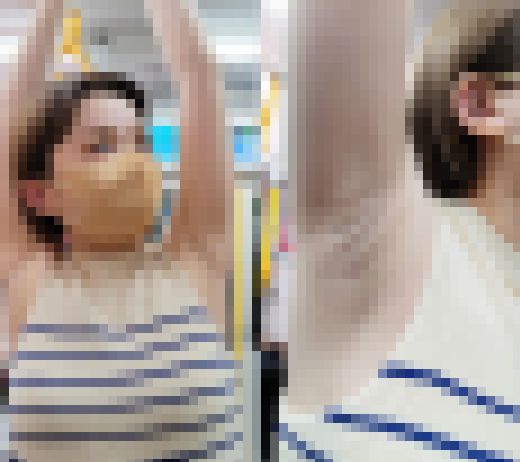 【腋毛超接写】ノースリーブ女子の吊り革ジョリ腋を穴の開くほど超接写 サンプル画像2
