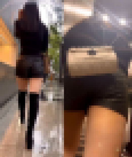 レザーショートパンツ姿で街を歩く美女2名セット　サンプル画像1