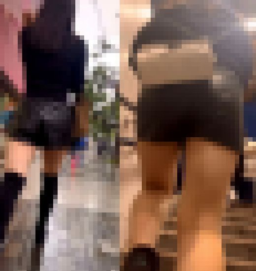 レザーショートパンツ姿で街を歩く美女2名セット　サンプル画像2