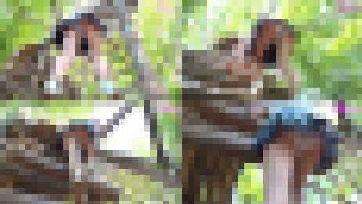 ミニスカ制服2人でパンチラアスレチック（1）美脚ローアングル盗撮、パンツ汚しながら櫓登り編　サンプル画像3